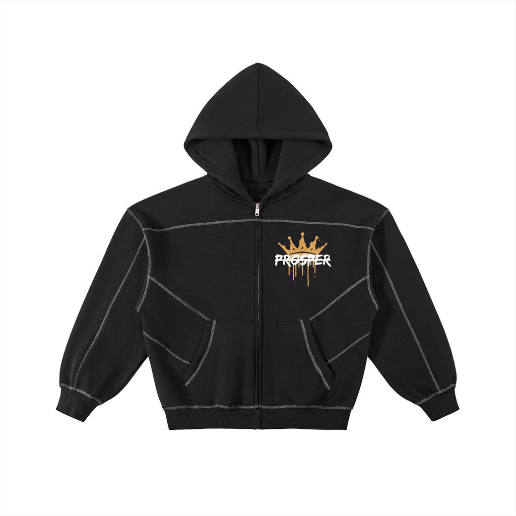 Prosper Contrast-Stitched Boxy Fleece Zip Hoodie